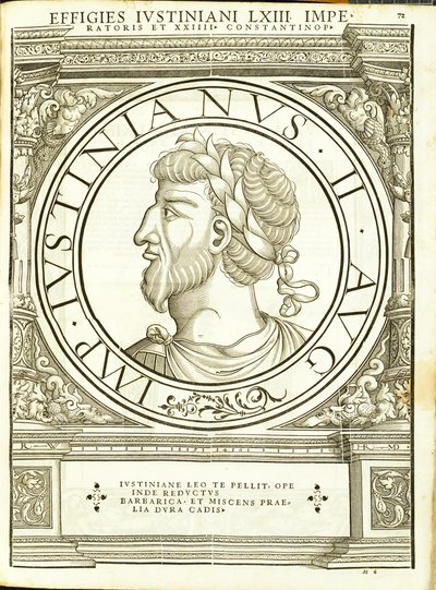 Iustinianus II, illustration de Imperatorum romanorum omnium orientalium et occidentalium verissimae imagines ex antiquis numismatis - Hans Rudolf Manuel Deutsch